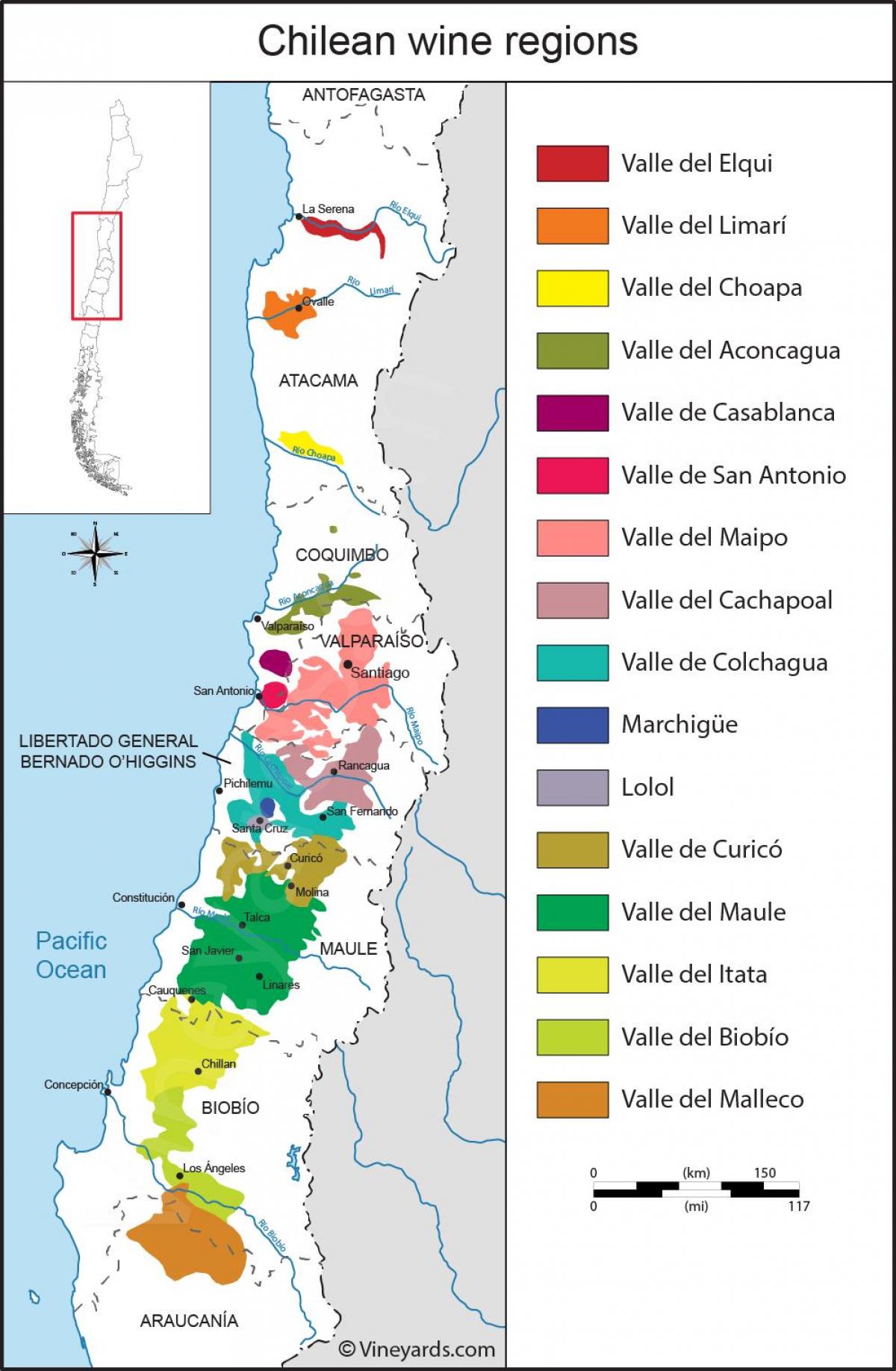 Mapa de Chile viño rexións 